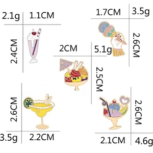 Summer enamel pins set featuring ice cream and cocktail designs with size specifications