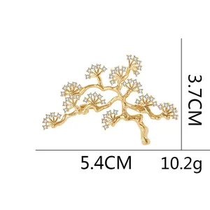 Golden pine branch brooch with crystal diamonds, 5.4cm x 3.7cm creative plant jewelry