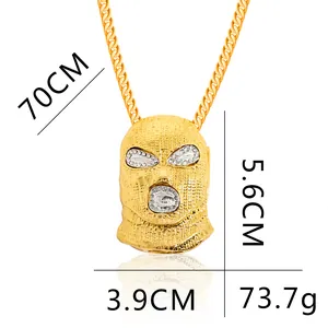 Collier hip-hop avec pendentif cagoule serti de strass sur chaîne cubaine de 70cm