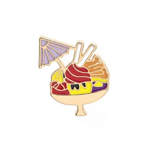 Cartoon ice cream enamel brooch with colorful scoops and sun umbrella on gold base