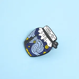 Detailed macro view of Van Gogh Starry Night enamel pin in a jar-shaped design