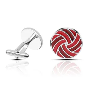 Polished silver-tone round volleyball cufflinks with detailed red enamel for men shirt