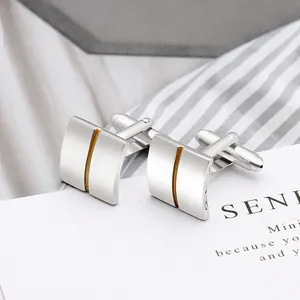 Polished silver square cufflinks with a vertical gold stripe for business shirts