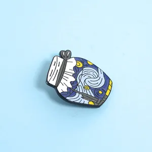 Macro view of Van Gogh Starry Night enamel brooch in a glass jar shape made of zinc alloy