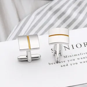 Minimalist square silver cufflinks with gold stripe for professional business attire