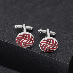 Classic round copper cufflinks with red spiral enamel inlay and polished silver finish