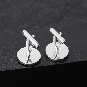 Detailed back view of silver round cufflinks showing the lever-back closure mechanism