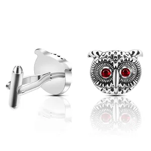 Boutons de Manchette Hibou Vintage Hommes Cuivre Plaqué Argent Yeux en Strass Rouges Accessoires de Chemise Business Créatifs