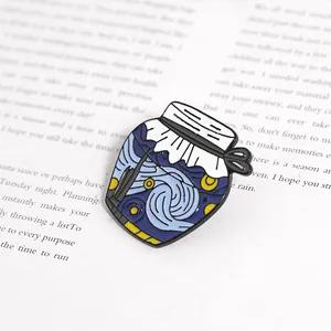 Creative Van Gogh Starry Night enamel brooch in a glass jar shape on book background