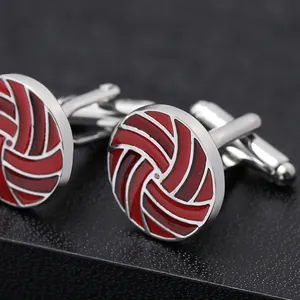 Elegant round volleyball cufflinks for men in polished silver and red enamel stripes