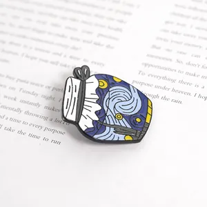 Artistic enamel pin detail inspired by Van Gogh Starry Night in a glass jar shape