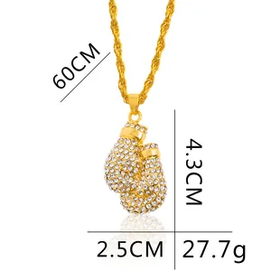 Gold-plated hip-hop boxing glove pendant necklace with sparkling zircons and 60cm rope chain