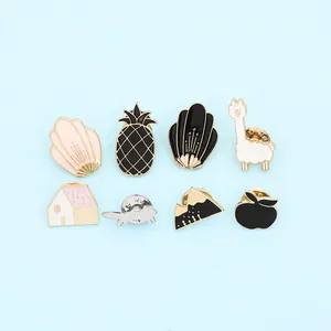 Set of 8 French romantic enamel pins featuring alpaca, house, and fruit designs