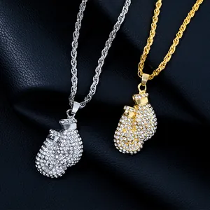 Hip Hop Boxing Glove Pendant Necklace Iced Out Paved Zirconia Alloy Jewelry For Men Women Gold Silver Plated Rope Chain Sporty Streetwear Accessories