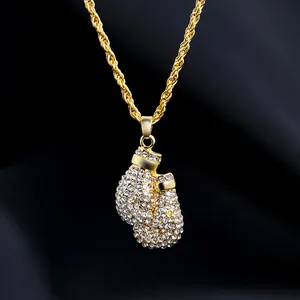 Hip hop gold boxing glove pendant necklace with micro pave zircons and twist chain