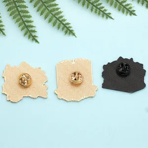 Detail view of the enamel pins' textured back with secure butterfly clutch fasteners