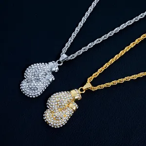 Hiphop gold and silver boxing glove pendant necklace with full iced-out cubic zirconia