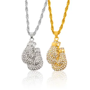 Hiphop boxing glove pendant necklaces in gold and silver with full zircon stones