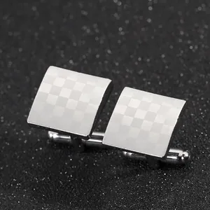 Men's Business Square Silver Checkered Cufflinks Laser Engraved Alloy French Shirt Cuff Links For Wedding Accessories