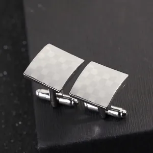 Classic silver square cufflinks with laser-engraved checkerboard pattern for men