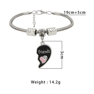 Silver snake chain charm bracelet with heart LOVE beads and black friends pendant