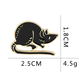Minimalist black enamel mouse brooch pin with gold metal outlines and 1.8cm height