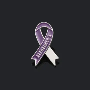 Broche ruban en émail violet avec texte Alzheimer sur fond miroir de haute qualité