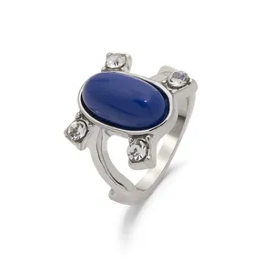 Anello in Lega Placcato Argento Vintage Con Pietra Sintetica Blu Ovale Zirconia Design Cavo Anello alla Moda per Donna