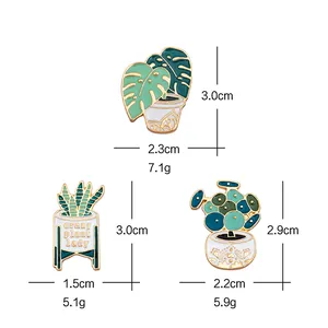 Cute cartoon potted plant enamel pins set including monstera and crazy plant lady brooch