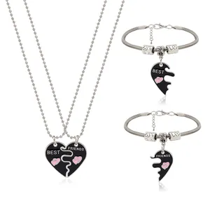 Parure collier Best Friends cœur séparable et bracelets en argent avec émail noir et cœurs