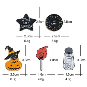 Cartoon Halloween pumpkin and skeleton enamel pins set with detailed dimensions and weights