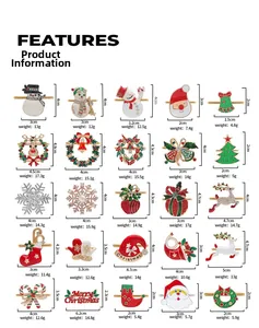 Detailed size chart for 25 assorted Christmas napkin rings with holiday motifs