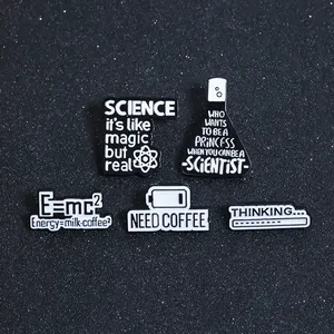 Five-piece black and white enamel pin set featuring science formulas and coffee designs