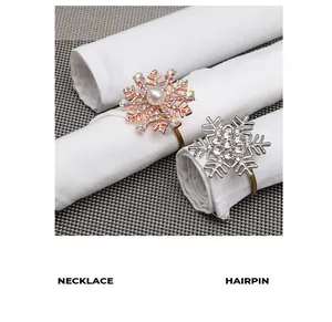 Detailed view of silver and rose gold snowflake napkin rings with rhinestones and pearls