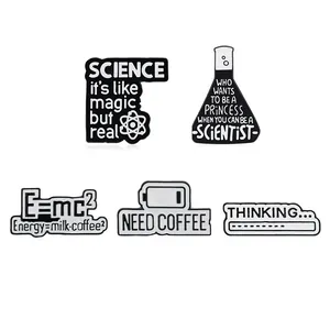 5-piece set of black and white science enamel pins with lab flasks and coffee formulas