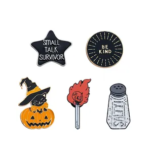 Cartoon Cute Halloween Enamel Pin Set Pumpkin Cat Skull Match Salty Be Kind Slogan Brooch For Backpack Denim Jacket Decor