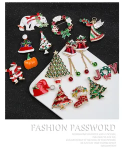 Detailed macro view of festive alloy Christmas brooches with colorful rhinestones and enamel