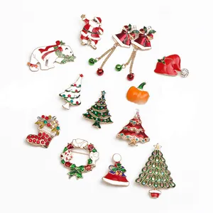 Christmas Brooch Pin Alloy Enamel Rhinestone Santa Claus Christmas Tree Wreath Reindeer Hat Boot Brooch For Women Party Jewelry