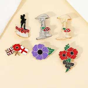 Detailed set of 6 commemorative poppy brooches with enamel finish and military emblems