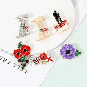 Collection of commemorative poppy flower enamel pins and soldier silhouette badges