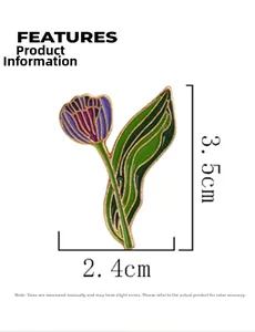 Detailed view of tulip brooch with purple enamel finish and dimensions 3.5cm by 2.4cm