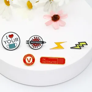 Zinc alloy enamel pins set with vaccinated and fashion lightning bolt themes for clothing