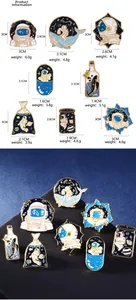 Detailed view of creative starry sky enamel pins with exact size and weight specifications