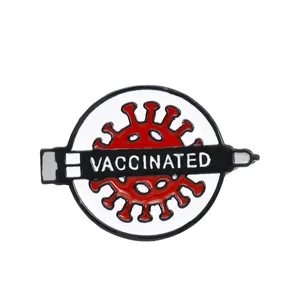 Creative zinc alloy enamel pin with red virus and Vaccinated text on black syringe design