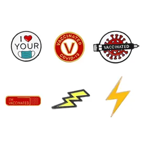 Set of 6 creative enamel pins featuring COVID-19 vaccination and lightning bolt designs
