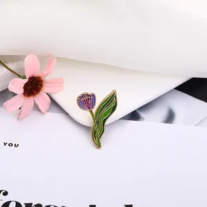 Vintage Enamel Tulip Flower Brooch Pin Alloy Purple Floral Breastpin For Women Suit Dress Accessories Fashion Jewelry