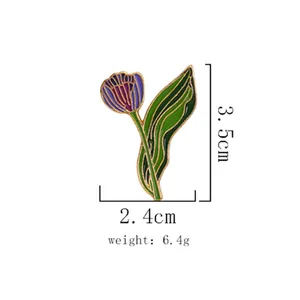 Purple tulip alloy brooch with enamel oil drip design and gold edges showing size dimensions