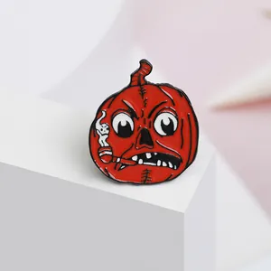 Halloween Red Pumpkin Enamel Brooch Pin Angry Face Design Smoking Pipe Ghost Smoke Cartoon Alloy Clothing Accessories Jewelry Gift