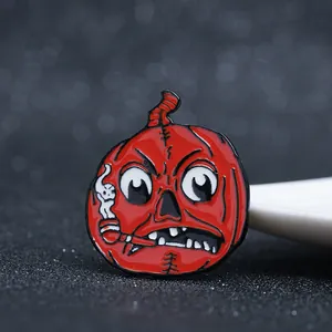 Creative red enamel pumpkin brooch with pipe and ghost smoke detail for Halloween outfits