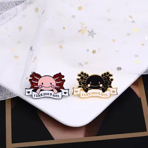 Creative pink and black axolotl enamel pins set with I like you a lotl pun text banner